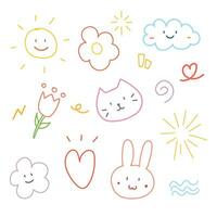 cor fofa rabisco desenho animado mão desenhado incluído gato, nuvem, coelho, coração etc. para elemento e ilustração vetor