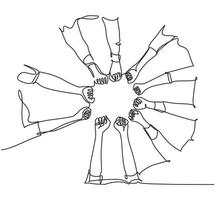 um desenho de linha de jovens felizes punhos e juntam as mãos e criam a forma de círculo. conceito de construção de equipes de negócios linha contínua desenhar design ilustração gráfica de vetor