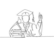 um desenho de linha de jovem estudante universitário feliz pós-graduação vestindo uniforme de formatura e dando os polegares para cima gesto na frente da pilha de livros. conceito de educação linha contínua desenhar vetor de design