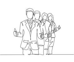 grupo de desenho de linha única de jovens empresários felizes, levantando-se juntos e dando polegares para cima gesto. conceito de trabalho em equipe de negócios. ilustração em vetor desenho desenho em linha contínua