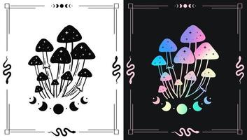 conjunto de ilustrações coloridas e em preto e branco com cogumelos mágicos e lua para designs de temas esotéricos vetor
