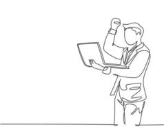 um único desenho de linha de jovem ceo feliz segurando um laptop para ler o contrato de negócios. conceito de celebração bem-sucedida de negócio. ilustração em vetor desenho gráfico linha contínua