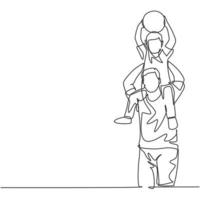 um desenho de linha de um jovem pai feliz levanta seu filho enquanto segura uma bola no ombro e joga juntos. conceito de família parental. ilustração em vetor gráfico desenho linha contínua