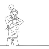 um desenho de linha de jovem pai feliz levanta seu filho no ombro e jogando bola juntos no parque ao ar livre. conceito de família parental. ilustração em vetor desenho gráfico em linha contínua