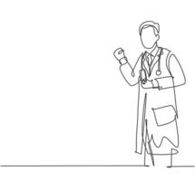 um único desenho de um jovem médico feliz com os punhos erguidos para celebrar seu sucesso no tratamento do paciente. conceito de saúde médica linha contínua desenho ilustração vetorial