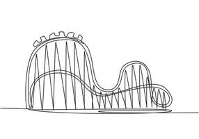 desenho de linha contínua única de uma montanha-russa em um parque de diversões com uma pista alta no céu. festival de diversões joga no conceito ao ar livre. uma linha desenhar ilustração em vetor design gráfico.