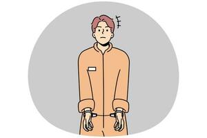 prisioneiro masculino em roupão usando algemas. homem infeliz condenado em uniforme preso. conceito de prisão e prisão. ilustração vetorial. vetor