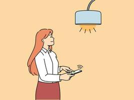 mulher controles luminária através Móvel telefone com muito ou inteligente casa inscrição para virar em luz vetor
