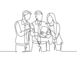 um único desenho de linha de jovens trabalhadores masculinos e femininos felizes conversando sobre o projeto da empresa juntos durante a abertura do documento. conceito de reunião de negócios linha contínua desenho ilustração vetorial vetor