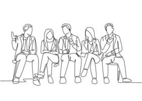 um desenho de linha contínua de jovens entrevistados sentados em uma cadeira esperando sua vez de serem entrevistados. conceito de processo de candidato a emprego ilustração vetorial desenho desenho de linha vetor