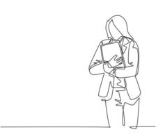 um único desenho de uma jovem trabalhadora feliz no escritório, abraçando com força o arquivo que carregava. trabalho excelência serviço conceito linha contínua desenho ilustração vetorial vetor