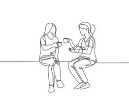 desenho de linha contínua única de duas jovens trabalhadoras têm uma conversa casual enquanto bebem um café durante o intervalo do escritório. conversando um pouco no trabalho conceito uma linha desenhar ilustração vetorial de design gráfico vetor