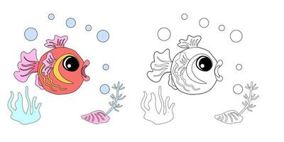 coloração livro peixinho com cartuchos, bolhas e algas dentro a oceano. para cartazes, impressões em roupas. vetor