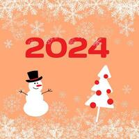 feliz Novo ano 2024 cumprimento cartão. boneco de neve e decorado Natal árvore. pêssego fundo com flocos de neve. vetor ilustração