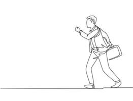 desenho de linha única contínua única de jovem viajante urbano do sexo masculino feliz correndo com pressa na rua da cidade para chegar ao escritório a tempo. ilustração em vetor design de desenho de uma linha