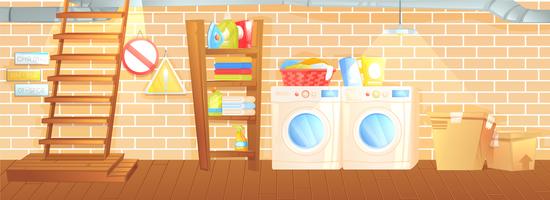 Interior do porão, lavanderia dentro da sala com caldeira, lavadora, escada e caixas. Vetorial, caricatura, ilustração vetor
