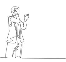 um único desenho de linha do jovem CEO da startup do sexo masculino caminhando e segurando um smartphone para receber uma ligação de seu colega. business talk conceito linha contínua desenhar design ilustração gráfica de vetor