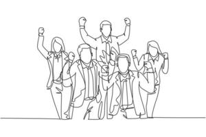 um único desenho de linha de jovens trabalhadores masculinos e femininos felizes em pé formando um círculo juntos. negócios, trabalho em equipe, celebração, conceito, linha contínua, desenho, vetorial, ilustração vetor