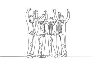 um único desenho de linha de jovem trabalhador feliz, masculino e feminino, levantem as mãos na sala do escritório juntos. negócios, trabalho em equipe, celebração, conceito, linha contínua, desenho, vetorial, ilustração vetor