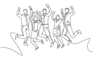 único desenho de linha contínua de jovens trabalhadores masculinos e femininos felizes pulando após a reunião anual de trabalho terminar juntos. trabalho em equipe de negócios celebração conceito uma linha desenhar design ilustração vetorial
