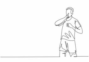 desenho de linha única contínua de jovem jogador de futebol esportivo faz um gesto silencioso com o dedo para os torcedores rivais. jogo de futebol objetivo celebração conceito uma linha desenhar ilustração vetorial