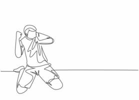 um desenho de linha contínua de um jovem jogador de futebol beijando o distintivo em sua camisa e levanta a mão em punho para o céu. combinar golo marcar celebração conceito única linha desenhar desenho vetorial ilustração vetor