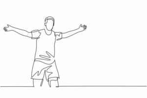 desenho de linha única contínua de jovem jogador de futebol esportivo correndo pelo estádio e espalhando o braço no campo. jogo de futebol objetivo celebração conceito uma linha desenhar ilustração vetorial
