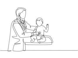 único desenho de linha contínua de jovem médico pediatra examinando paciente de criança bonita de batida de coração com estetoscópio. conceito de tratamento de saúde médica uma linha desenhar ilustração vetorial vetor