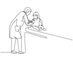 único desenho de linha contínua de jovem médico pediatra dando injeção a paciente menina criança no hospital. conceito de tratamento de saúde médica uma linha desenhar ilustração vetorial vetor