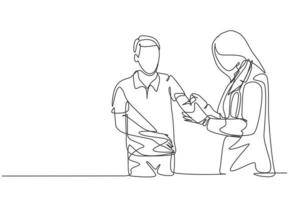 desenho de linha única contínua de jovem médica dando injeção de vacina para curar paciente doente do sexo masculino no hospital. conceito de tratamento de saúde médica uma linha desenhar ilustração vetorial vetor