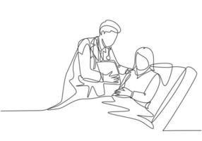 Um único desenho de linha de jovem médico mostra ótimo resultado de prontuário para o paciente deitado no leito hospitalar. conceito de saúde médica linha contínua desenho ilustração vetorial vetor