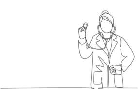 um único desenho de linha da jovem médica feliz pose em pé e segurando o estetoscópio no hospital. conceito de excelência em serviços médicos de saúde linha contínua desenhar design ilustração vetorial vetor