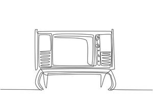 um único desenho de linha de tv retrô à moda antiga com mesa de madeira e pernas de mesa. conceito clássico de televisão analógica vintage linha contínua desenhar design ilustração vetorial gráfico vetor