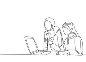 um desenho de linha contínua de um jovem casal de empresários muçulmanos discutindo a proposta de negócios para um investidor em potencial. roupas islâmicas kandura, lenço, hijab. ilustração em vetor desenho desenho de linha única
