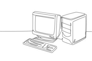 único desenho de linha contínua da unidade de processador de computador pessoal clássico retro antigo. CPU vintage com monitor analógico e teclado conceito de item de desenho de uma linha gráfico de ilustração vetorial vetor