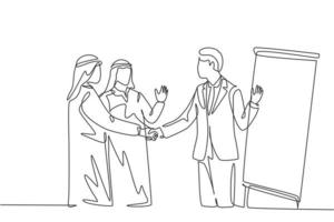 um desenho de linha contínua do jovem homem de negócios muçulmano aperta a mão de seu parceiro após a apresentação da reunião. Arábia Saudita com shemag, kandura e lenço. ilustração em vetor desenho desenho de linha única