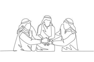um desenho de linha contínua de um jovem gerente de marketing muçulmano que trata de um projeto juntos. empresários da Arábia Saudita com kandura, lenço, roupas keffiyeh. ilustração em vetor desenho desenho de linha única