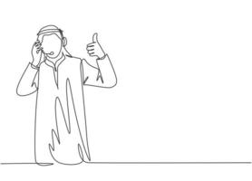 um desenho de linha contínua do serviço de atendimento ao cliente jovem muçulmano faz gestos de polegar para cima, call center. roupa islâmica shemag, kandura, lenço, keffiyeh. ilustração em vetor desenho desenho de linha única