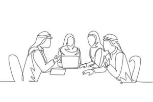 um único desenho de linha de jovens funcionários muçulmanos felizes discutindo o plano de orçamento financeiro. pano da Arábia Saudita hijab, kandora, lenço na cabeça, thobe. ilustração em vetor desenho desenho em linha contínua