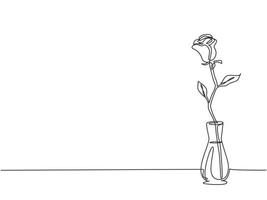 um desenho de linha contínua de linda flor rosa romântica fresca em vaso de porcelana. cartão da moda, convite, logotipo, banner, conceito de cartaz, linha única, desenho, ilustração vetorial