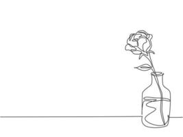 um único desenho de linha de linda flor rosa romântica fresca em vaso de vidro. cartão da moda, convite, logotipo, banner, cartaz conceito linha contínua desenhar design gráfico ilustração vetorial vetor
