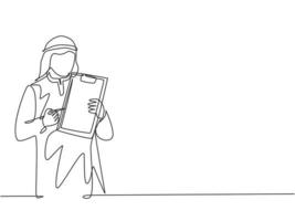um desenho de linha contínua de um jovem comerciante de vendas muçulmano explicando todos os recursos de um novo produto de gadget. roupa islâmica shemag, kandura, lenço, keffiyeh. ilustração em vetor desenho desenho de linha única