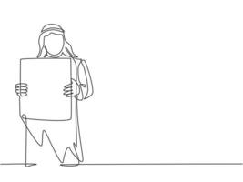 único desenho de linha contínua do jovem empresário muçulmano, mostrando o quadro de papel branco para o público. pano do Oriente Médio árabe shmagh, kandura, thawb, robe. ilustração gráfica de vetor de desenho de uma linha