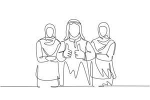 um desenho de linha contínua de jovens membros da equipe de negócios muçulmanos fazendo fila enquanto faz um gesto de dar o polegar para cima. shemag de roupas islâmicas, lenço, keffiyeh, hijab. ilustração em vetor desenho desenho de linha única