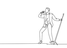único desenho de linha contínua de jovem cantor pop masculino feliz segurando o microfone e cantando no palco do festival de música. músico artista desempenho conceito uma linha desenhar design ilustração vetorial