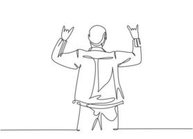 um desenho de linha contínua do jovem cantor de roqueiro masculino feliz dando um gesto com a mão de música rock no palco do concerto. moderno músico artista desempenho conceito linha única desenhar design ilustração vetorial vetor