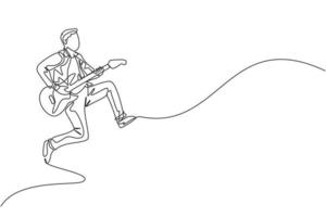 um desenho de linha contínua do jovem guitarrista masculino feliz pulando enquanto tocava guitarra elétrica no palco de concerto de música. músico artista desempenho conceito única linha desenho ilustração vetorial vetor