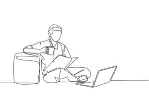 um desenho de linha única contínua de jovem gerente de marketing feliz inclinando seu corpo para o sofá enquanto lê o relatório anual no tablet. beber café ou chá ilustração em vetor design de conceito