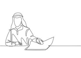 um desenho de linha contínua de um jovem empresário muçulmano dando um contrato de trabalho para a nova equipe. roupa islâmica shemag, kandura, lenço, keffiyeh. ilustração em vetor desenho desenho de linha única