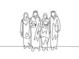um desenho de linha contínua de jovens trabalhadores muçulmanos felizes caminhando juntos no prédio do beco. Shemag de roupas islâmicas, kandura, keffiyeh, hijab. ilustração em vetor desenho desenho de linha única